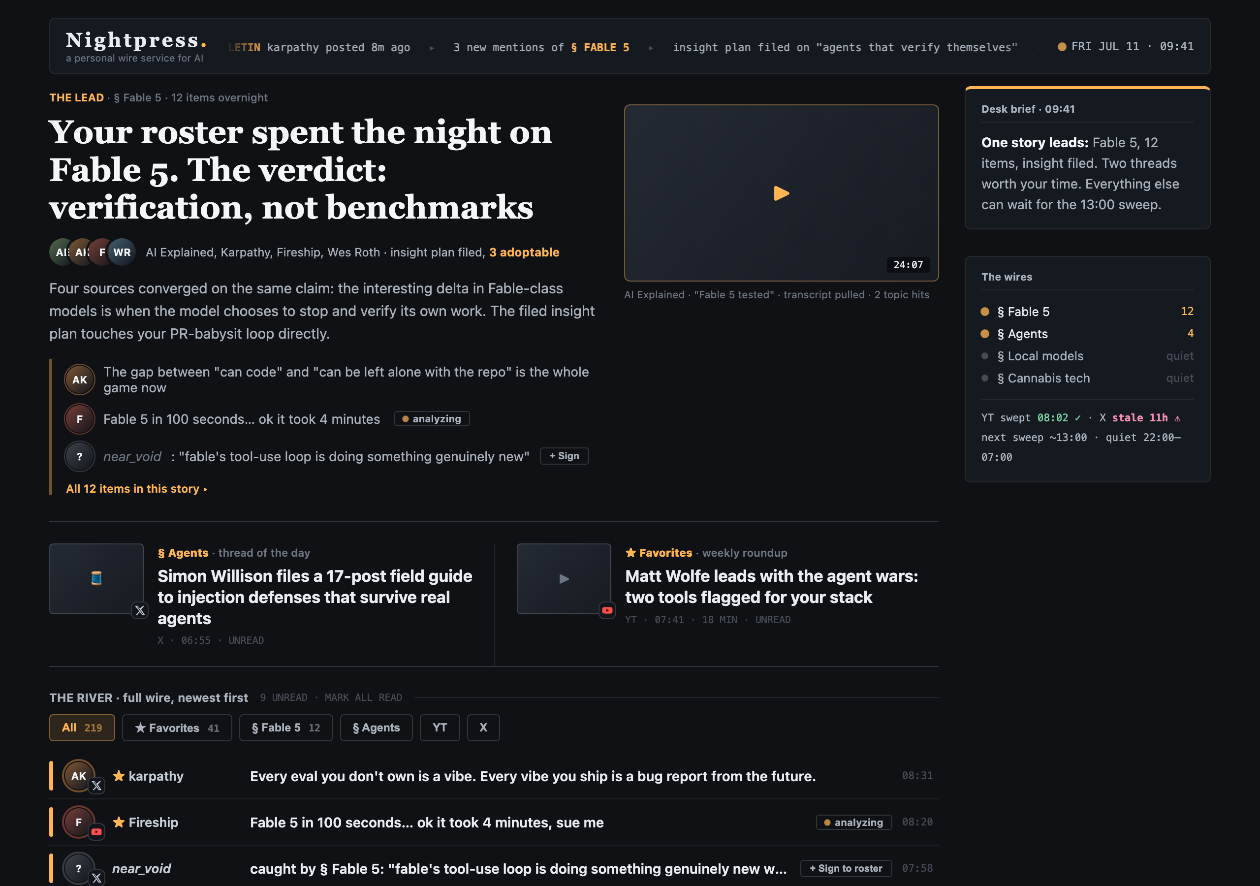 The Nightpress front page: a lead story compiled from your people, a desk brief, and a chronological river of every post