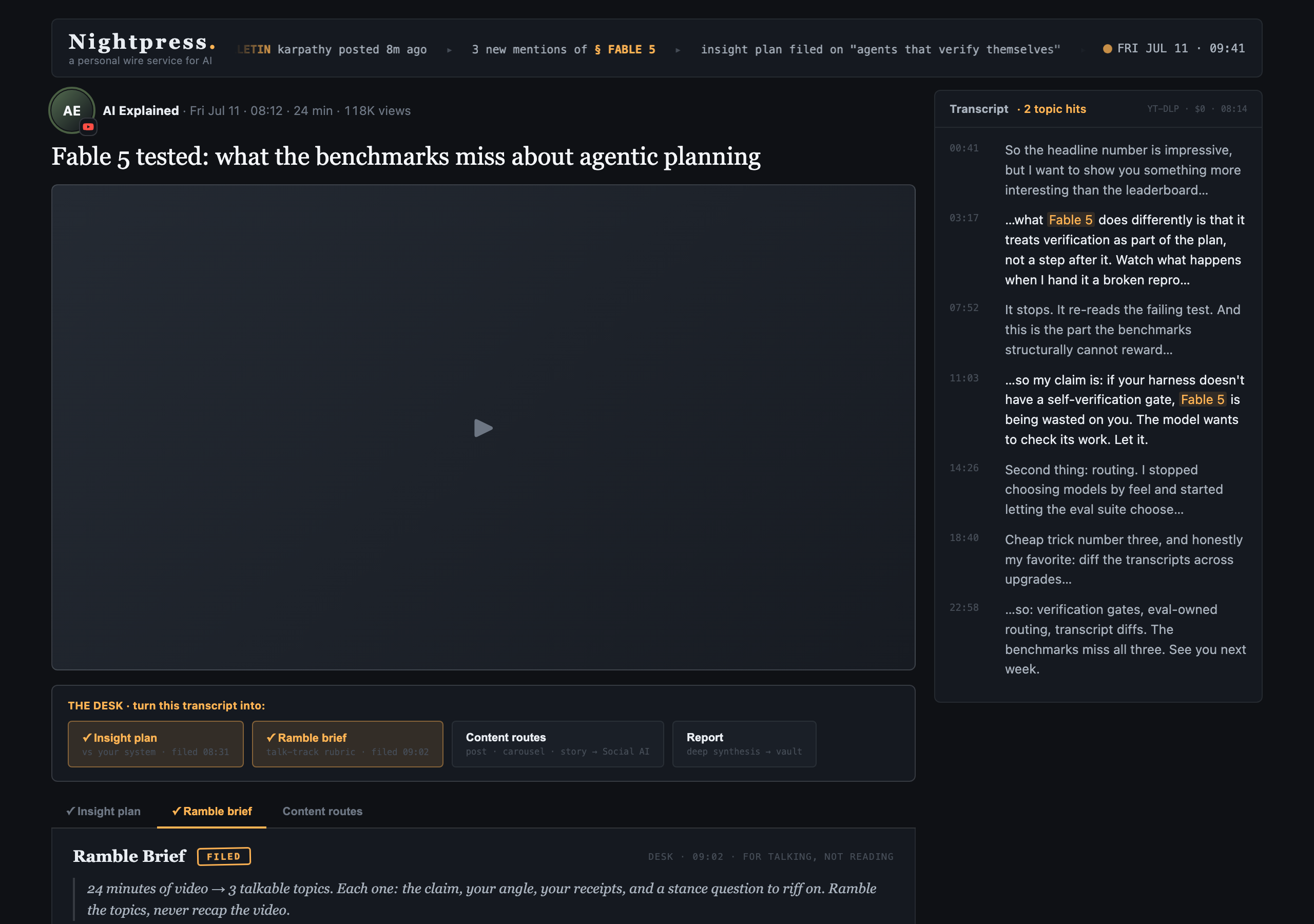 The Desk: a video transcript turned into an insight plan with one click